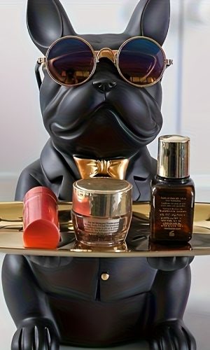 프렌치 불독 레진 조각상 트레이 포함 인테리어 소품